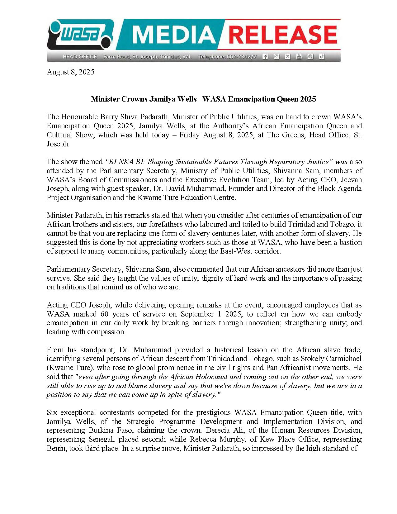 Minister Crowns Jamilya Wells - WASA Emancipation Queen 2025